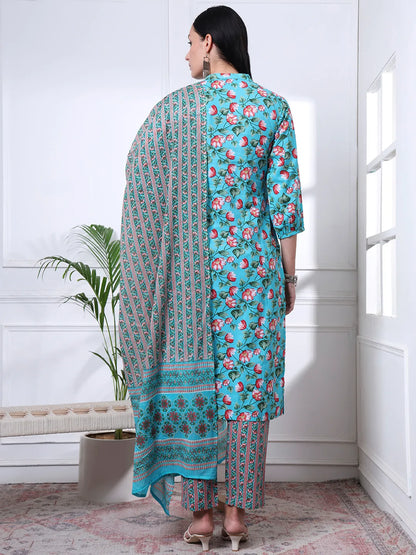 Turquoise Blue Cotton Blue Straight Kurta Dupatta Pant Set