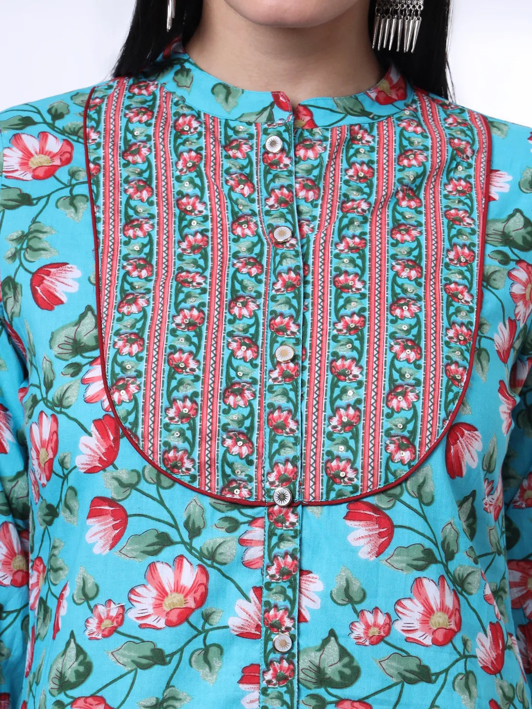 Turquoise Blue Cotton Blue Straight Kurta Dupatta Pant Set