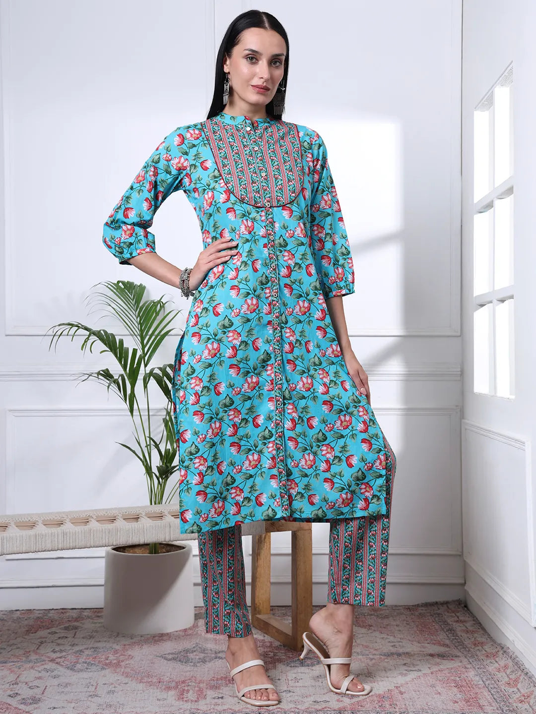 Turquoise Blue Cotton Blue Straight Kurta Dupatta Pant Set