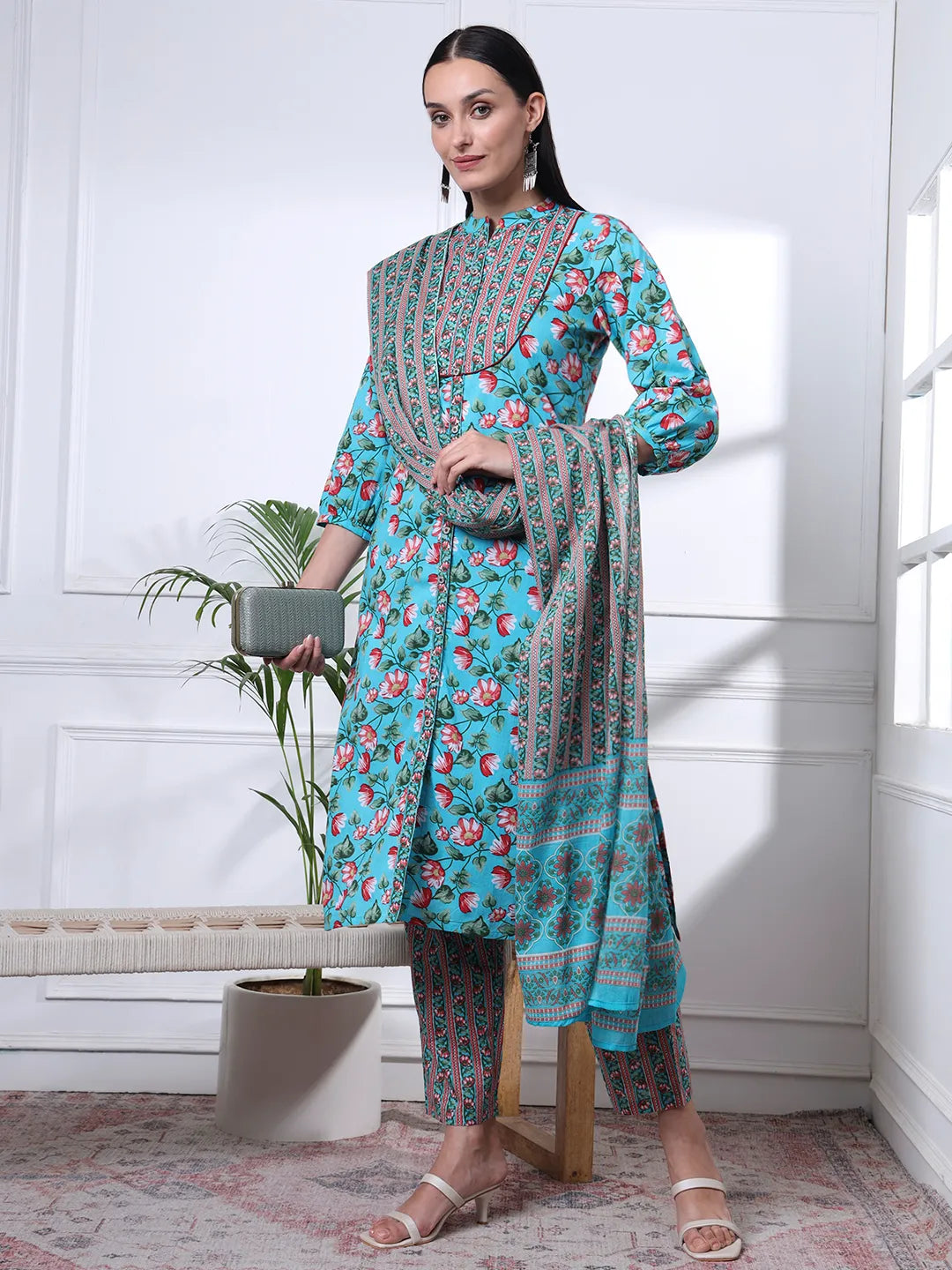Turquoise Blue Cotton Blue Straight Kurta Dupatta Pant Set