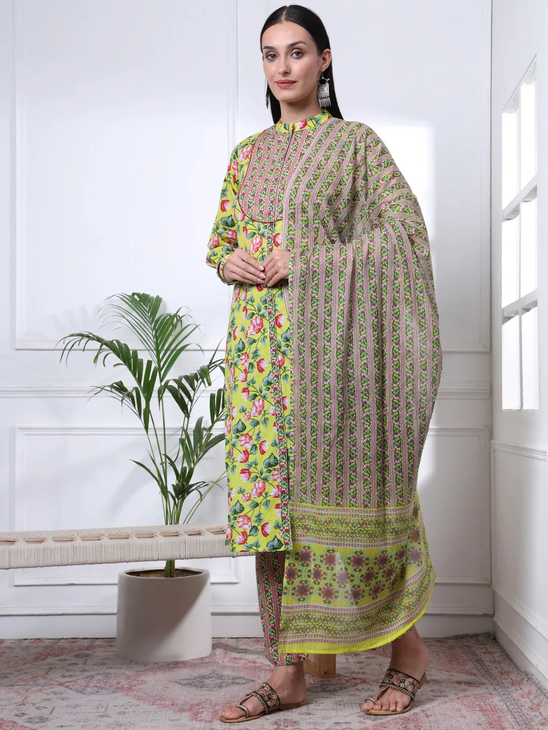 Yellow Cotton Blue Straight Kurta Dupatta Pant Set