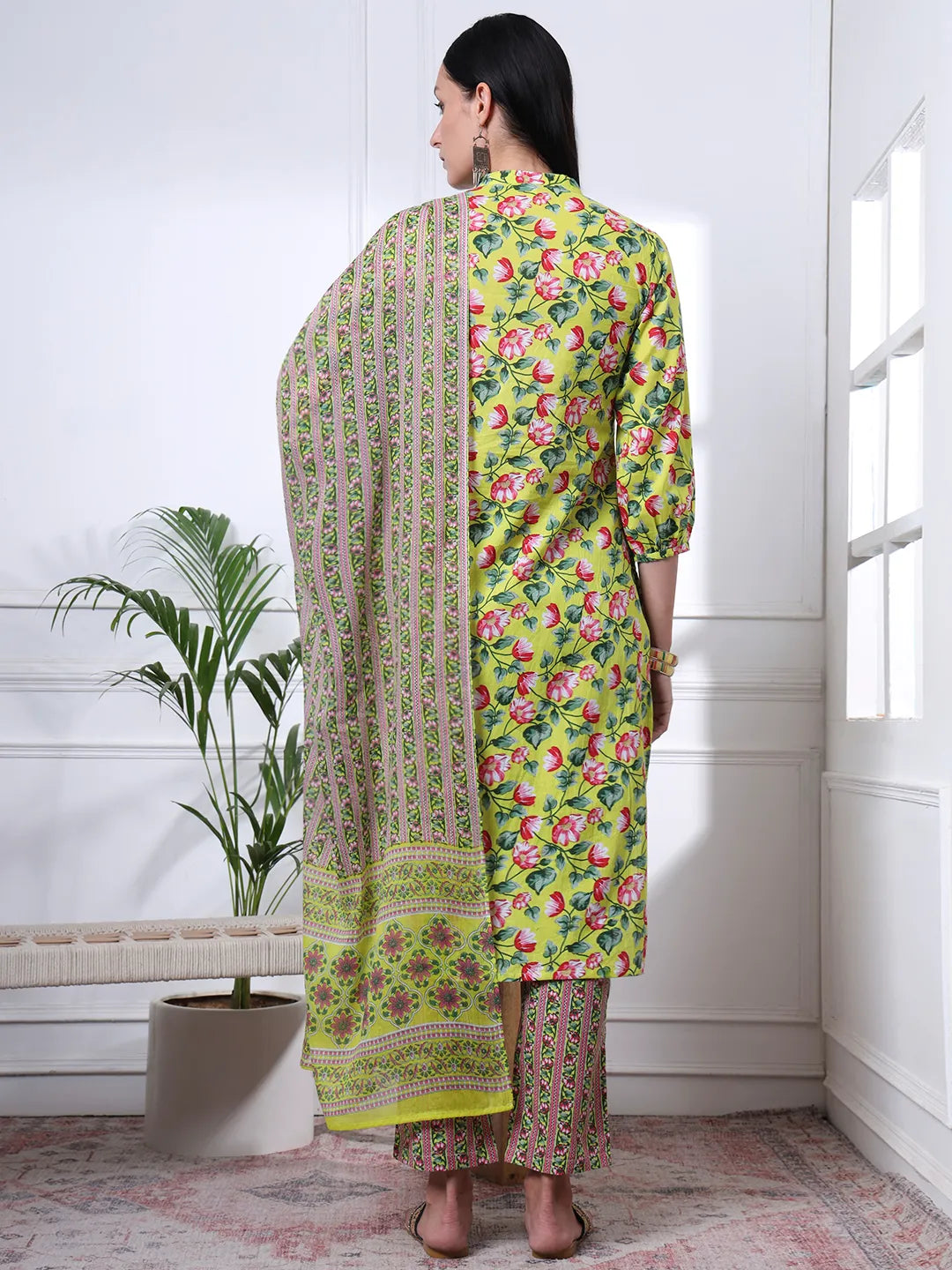 Yellow Cotton Blue Straight Kurta Dupatta Pant Set