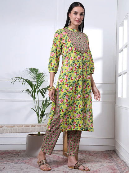 Yellow Cotton Blue Straight Kurta Dupatta Pant Set