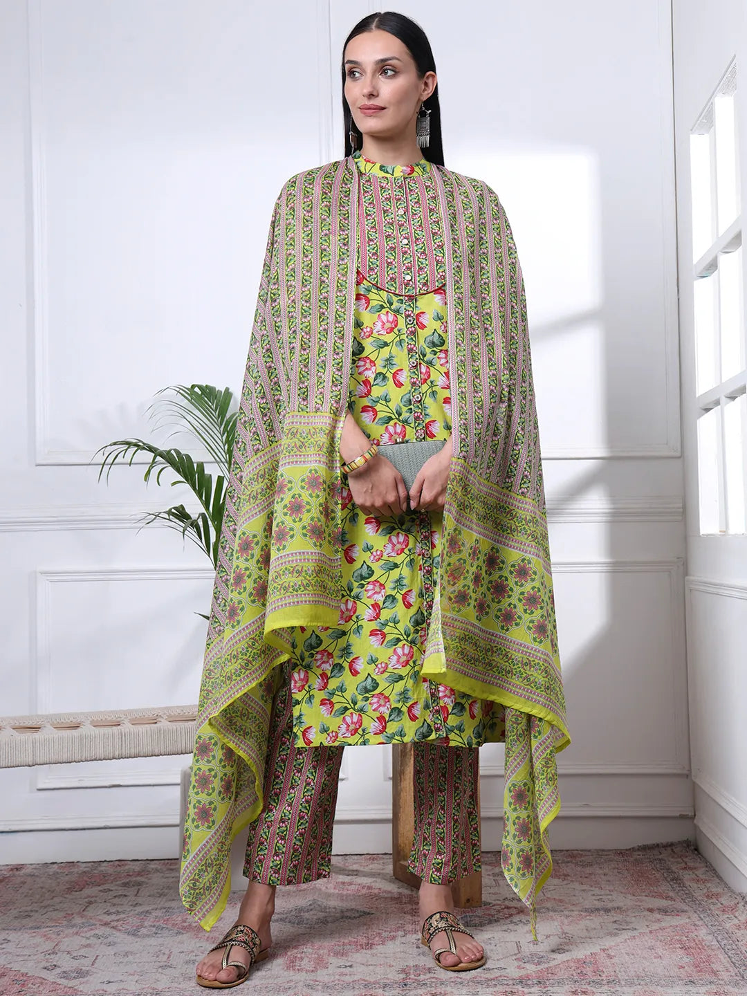 Yellow Cotton Blue Straight Kurta Dupatta Pant Set