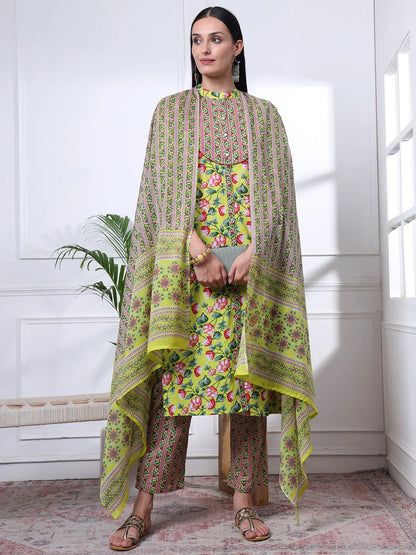 Yellow Cotton Blue Straight Kurta Dupatta Pant Set