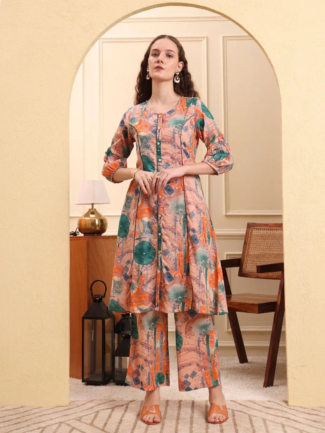 Women's Peach Linen Peach Ethnic Motifs A-Line Kurta Trouser Set by Yufta, suitable for wholesale buyers, boutiques, retailers, resellers and bulk fashion orders from Trendphoria