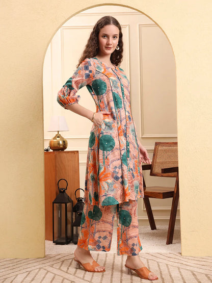 Peach Ethnic Motifs A-Line Kurta Trouser Set