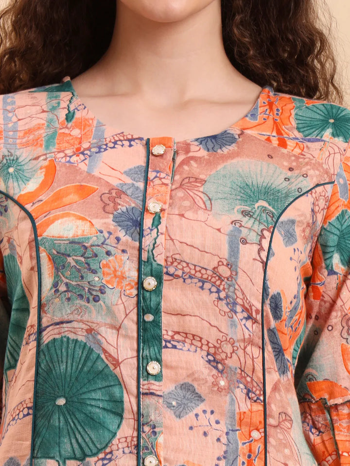 Peach Ethnic Motifs A-Line Kurta Trouser Set