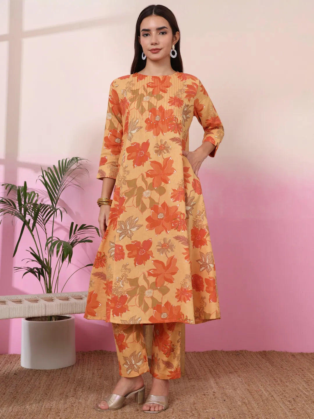 Mustard Linen A Line Pintucks Kurta Pant