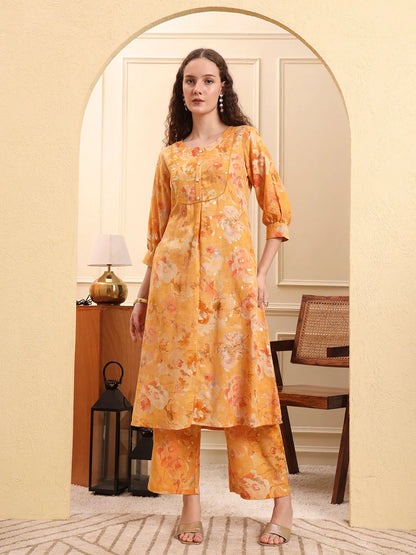 Mustard Floral Print A-Line Kurta Trouser Set