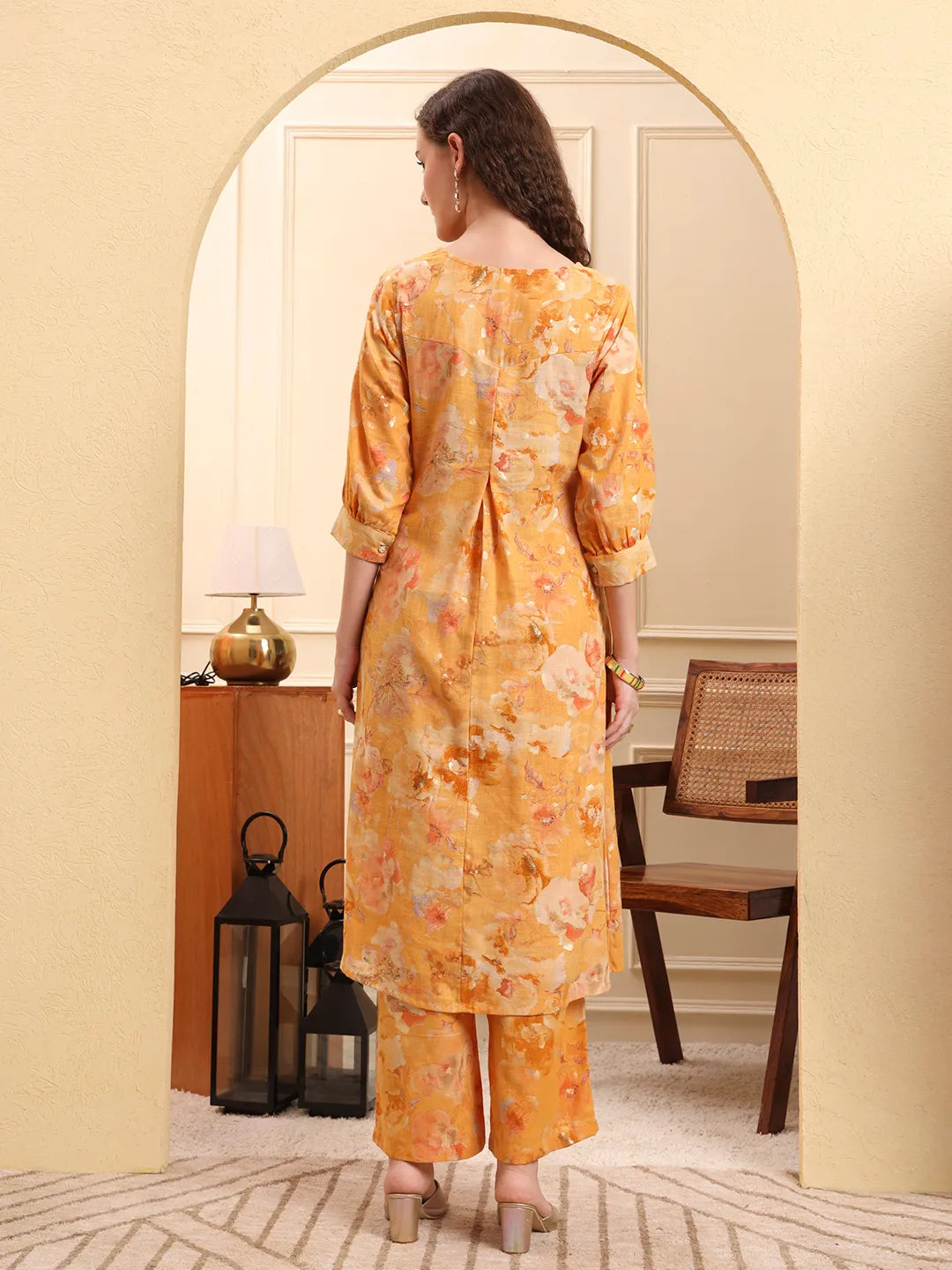 Mustard Floral Print A-Line Kurta Trouser Set
