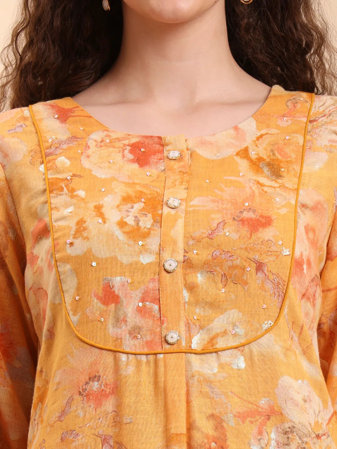 Mustard Floral Print A-Line Kurta Trouser Set
