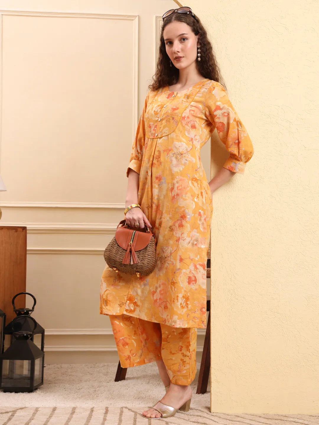 Mustard Floral Print A-Line Kurta Trouser Set