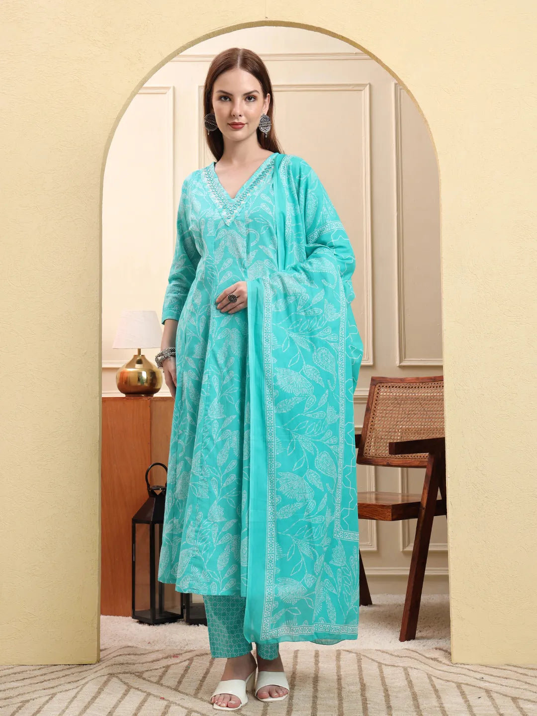 Blue Pure Cotton Floral Thread Work Anarkali Kurta Trouser Dupatta Set