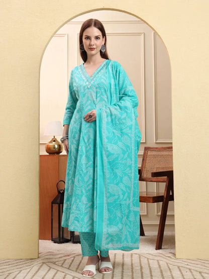 Blue Pure Cotton Floral Thread Work Anarkali Kurta Trouser Dupatta Set