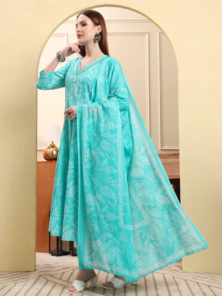 Blue Pure Cotton Floral Thread Work Anarkali Kurta Trouser Dupatta Set