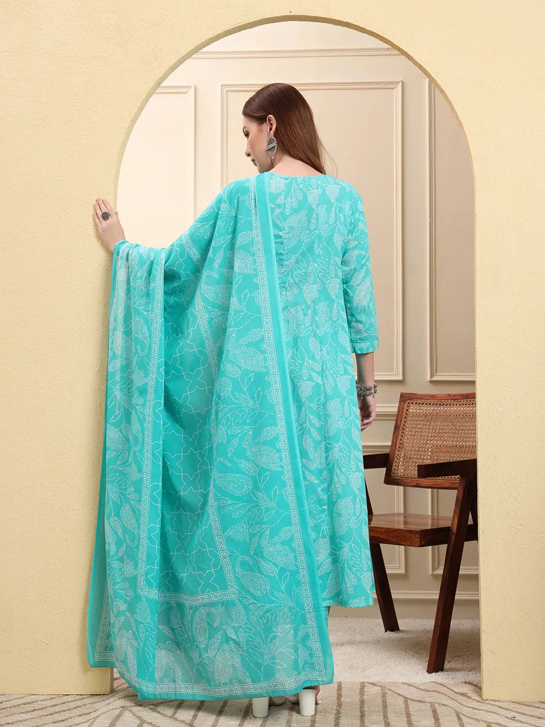 Blue Pure Cotton Floral Thread Work Anarkali Kurta Trouser Dupatta Set