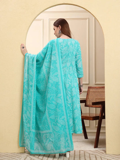 Blue Pure Cotton Floral Thread Work Anarkali Kurta Trouser Dupatta Set