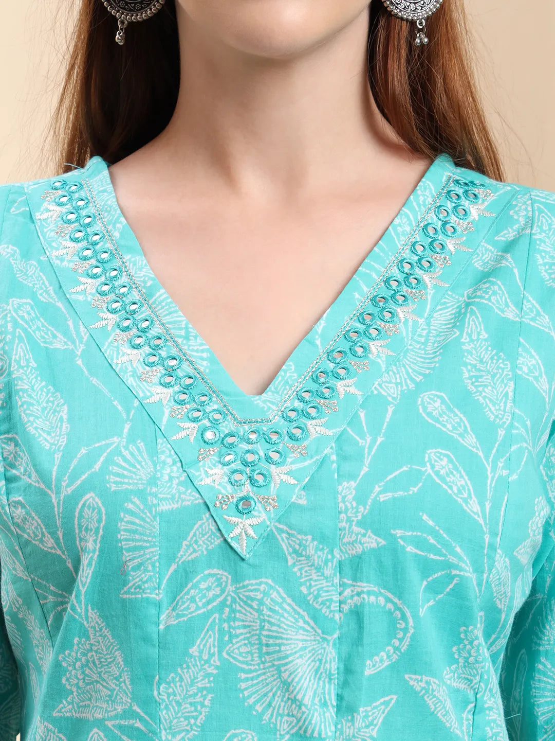 Blue Pure Cotton Floral Thread Work Anarkali Kurta Trouser Dupatta Set