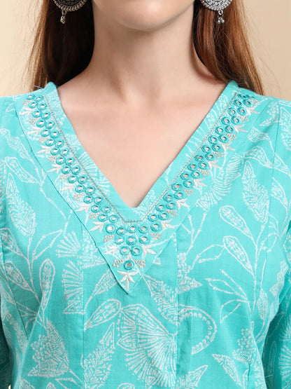 Blue Pure Cotton Floral Thread Work Anarkali Kurta Trouser Dupatta Set