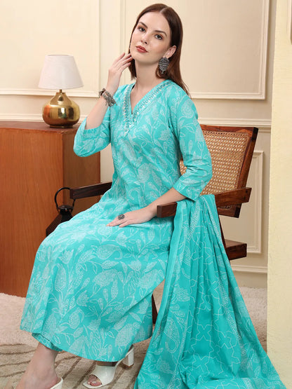 Blue Pure Cotton Floral Thread Work Anarkali Kurta Trouser Dupatta Set