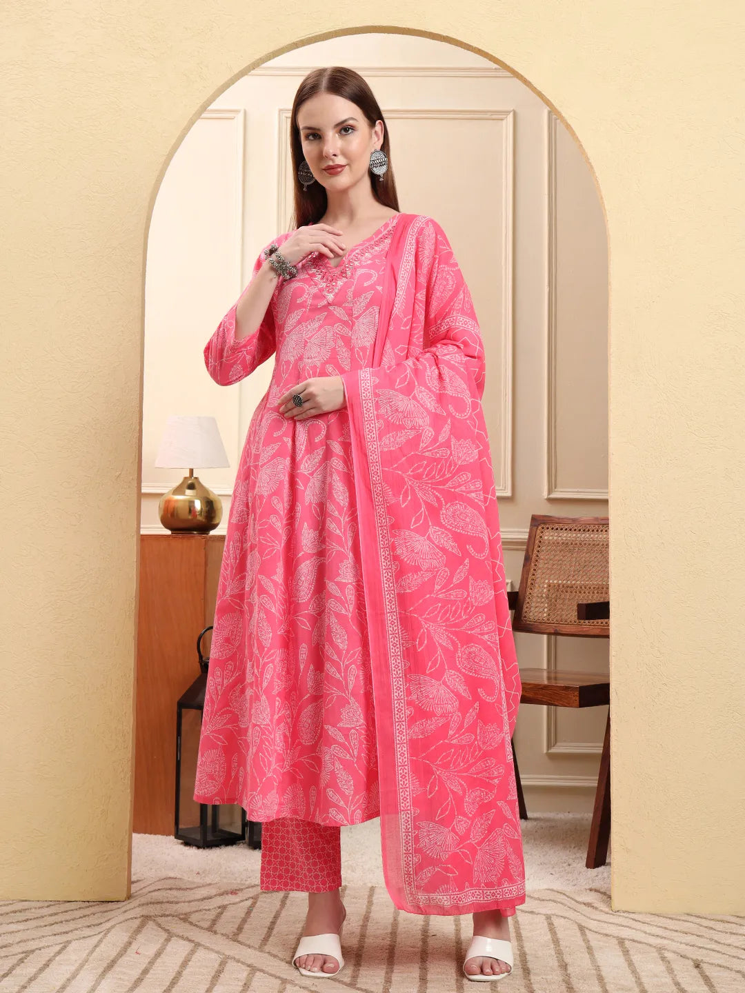 Pink Pure Cotton Floral Thread Work Anarkali Kurta Trouser Dupatta Set