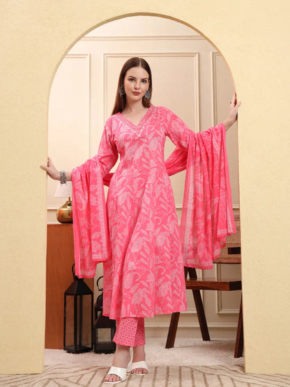 Pink Pure Cotton Floral Thread Work Anarkali Kurta Trouser Dupatta Set