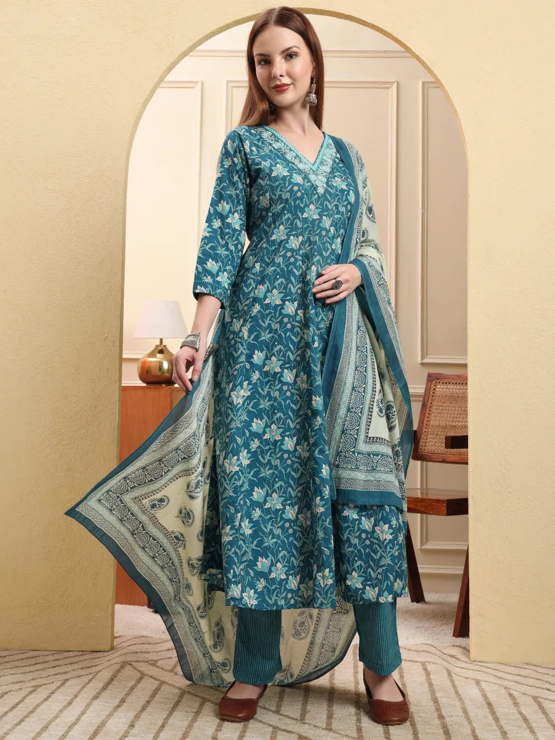 Blue Pure Cotton Thread Work Anarkali Kurta Trouser Dupatta Set