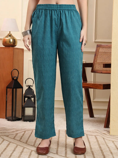 Blue Pure Cotton Thread Work Anarkali Kurta Trouser Dupatta Set