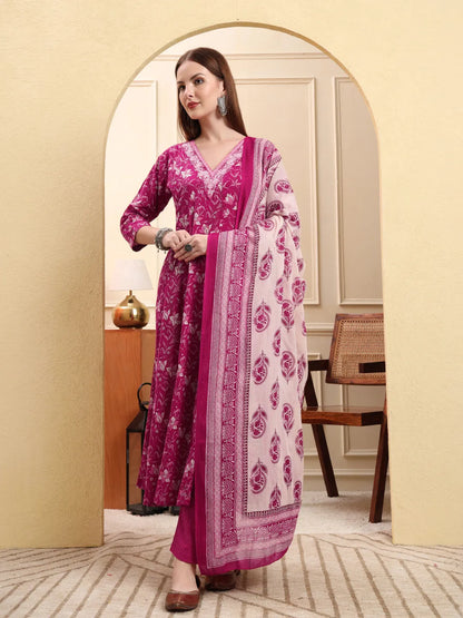 Pink Pure Cotton Thread Work Anarkali Kurta Trouser Dupatta Set