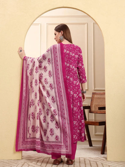 Pink Pure Cotton Thread Work Anarkali Kurta Trouser Dupatta Set