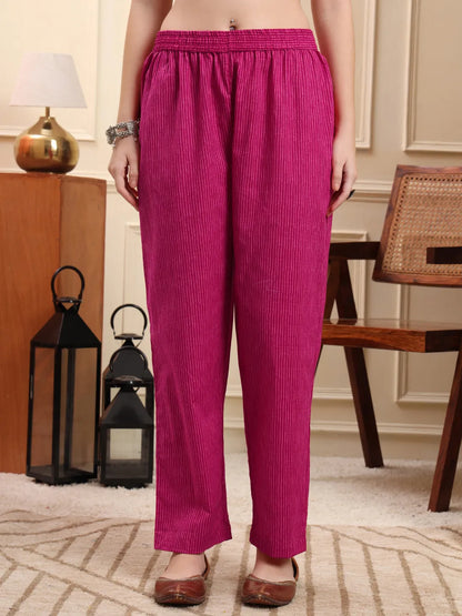 Pink Pure Cotton Thread Work Anarkali Kurta Trouser Dupatta Set