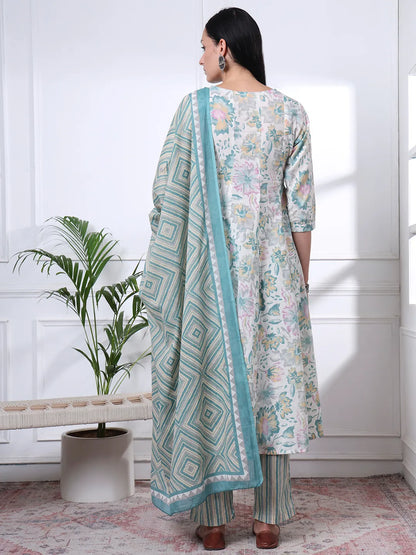 Sea Green And White Floral Print Anarkali Kurta Trouser Dupatta Set