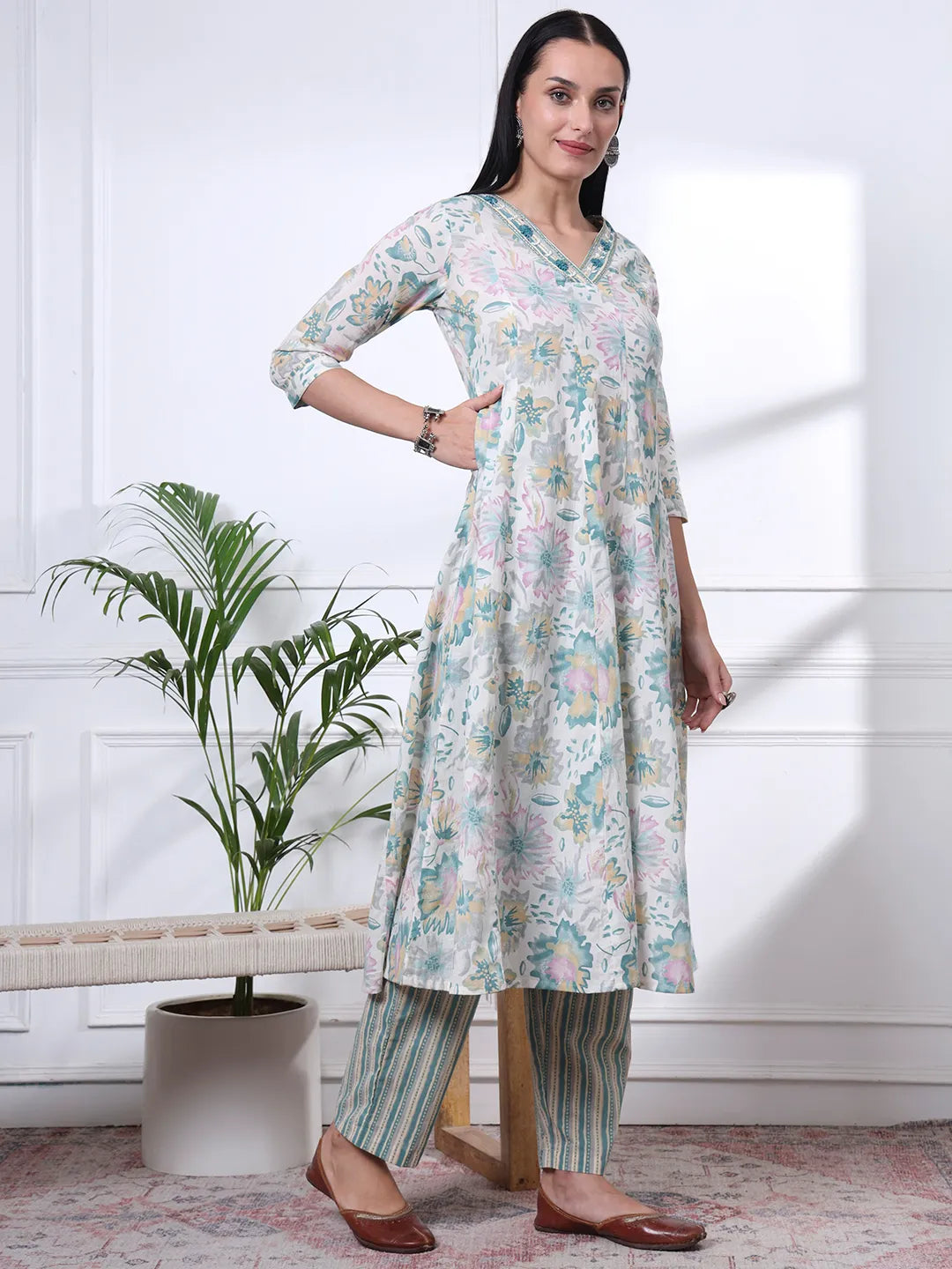 Sea Green And White Floral Print Anarkali Kurta Trouser Dupatta Set