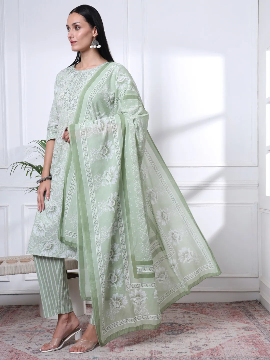 Sea Green Floral Print Thread Work Straight Kurta Trouser Dupatta Set