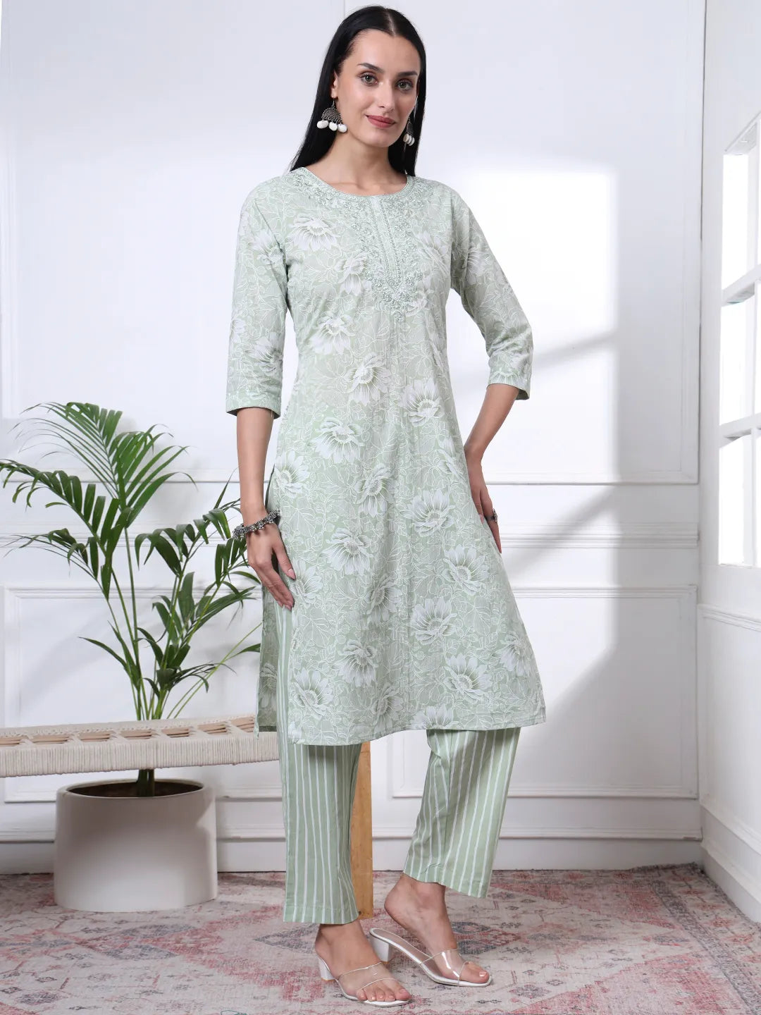 Sea Green Floral Print Thread Work Straight Kurta Trouser Dupatta Set