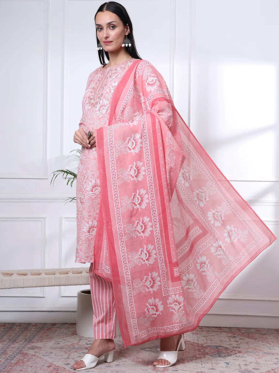 Pink Floral Print Thread Work Straight Kurta Trouser Dupatta Set