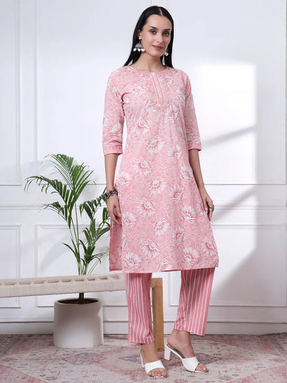 Pink Floral Print Thread Work Straight Kurta Trouser Dupatta Set