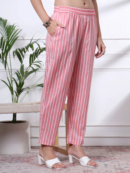 Pink Floral Print Thread Work Straight Kurta Trouser Dupatta Set