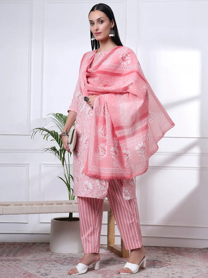 Pink Floral Print Thread Work Straight Kurta Trouser Dupatta Set