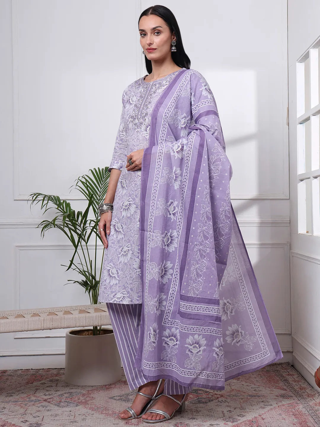 Purple Floral Print Thread Work Straight Kurta Trouser Dupatta Set