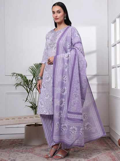 Purple Floral Print Thread Work Straight Kurta Trouser Dupatta Set