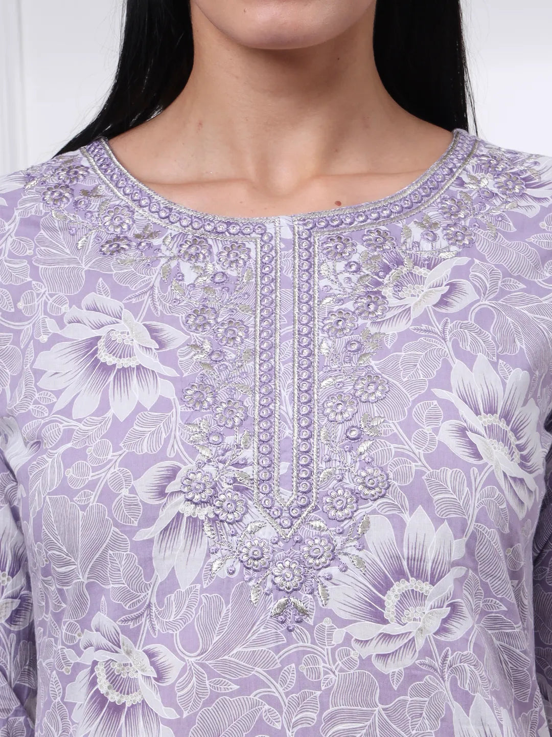 Purple Floral Print Thread Work Straight Kurta Trouser Dupatta Set