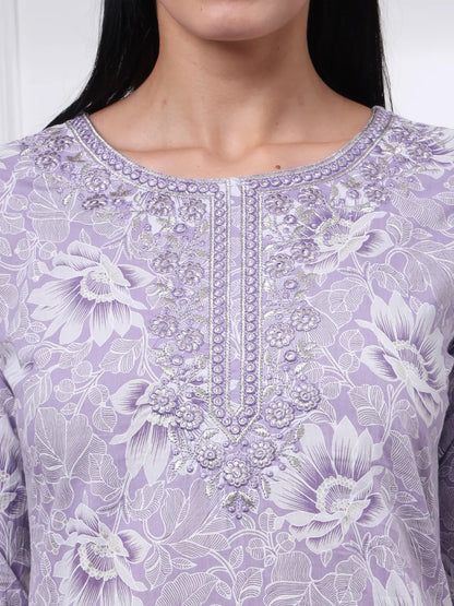 Purple Floral Print Thread Work Straight Kurta Trouser Dupatta Set