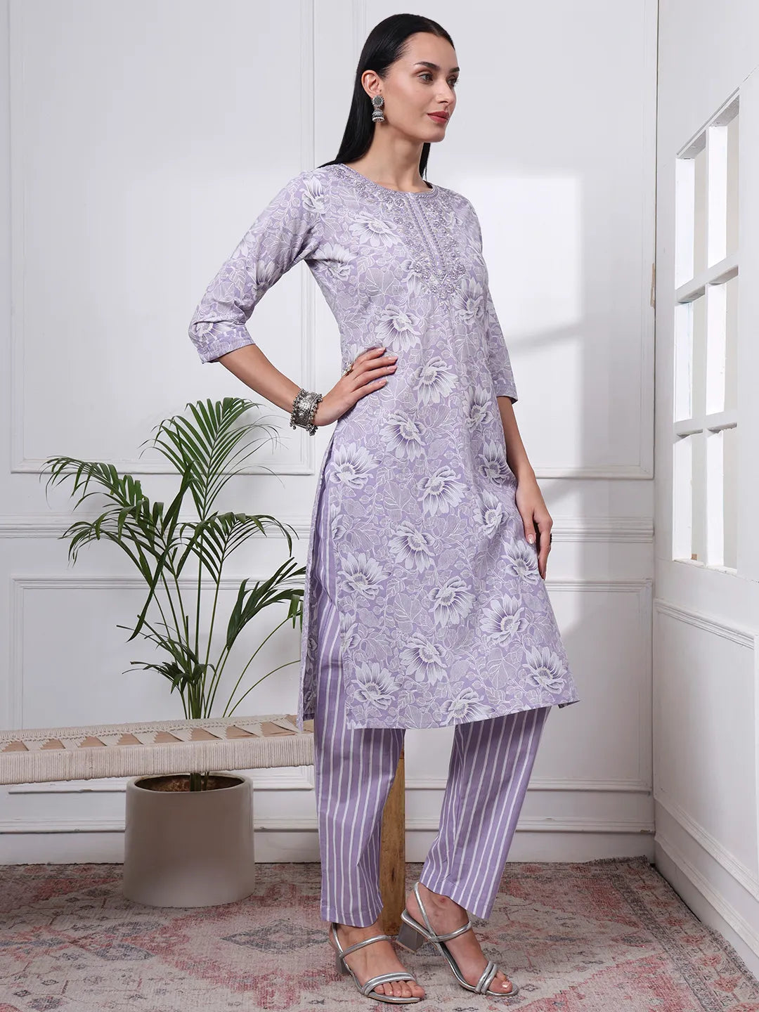 Purple Floral Print Thread Work Straight Kurta Trouser Dupatta Set