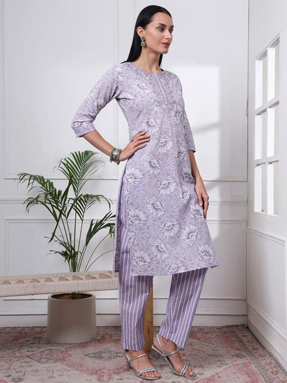 Purple Floral Print Thread Work Straight Kurta Trouser Dupatta Set