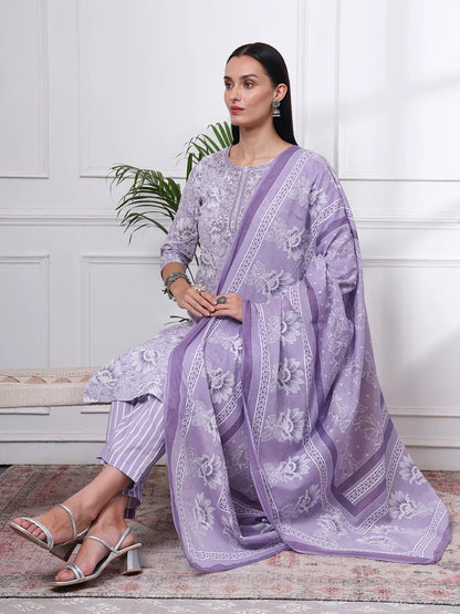 Purple Floral Print Thread Work Straight Kurta Trouser Dupatta Set