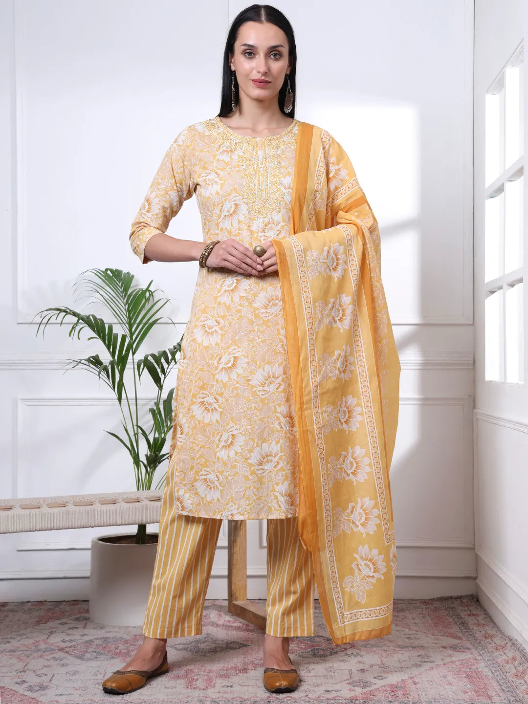 Yellow Floral Print Thread Work Straight Kurta Trouser Dupatta Set