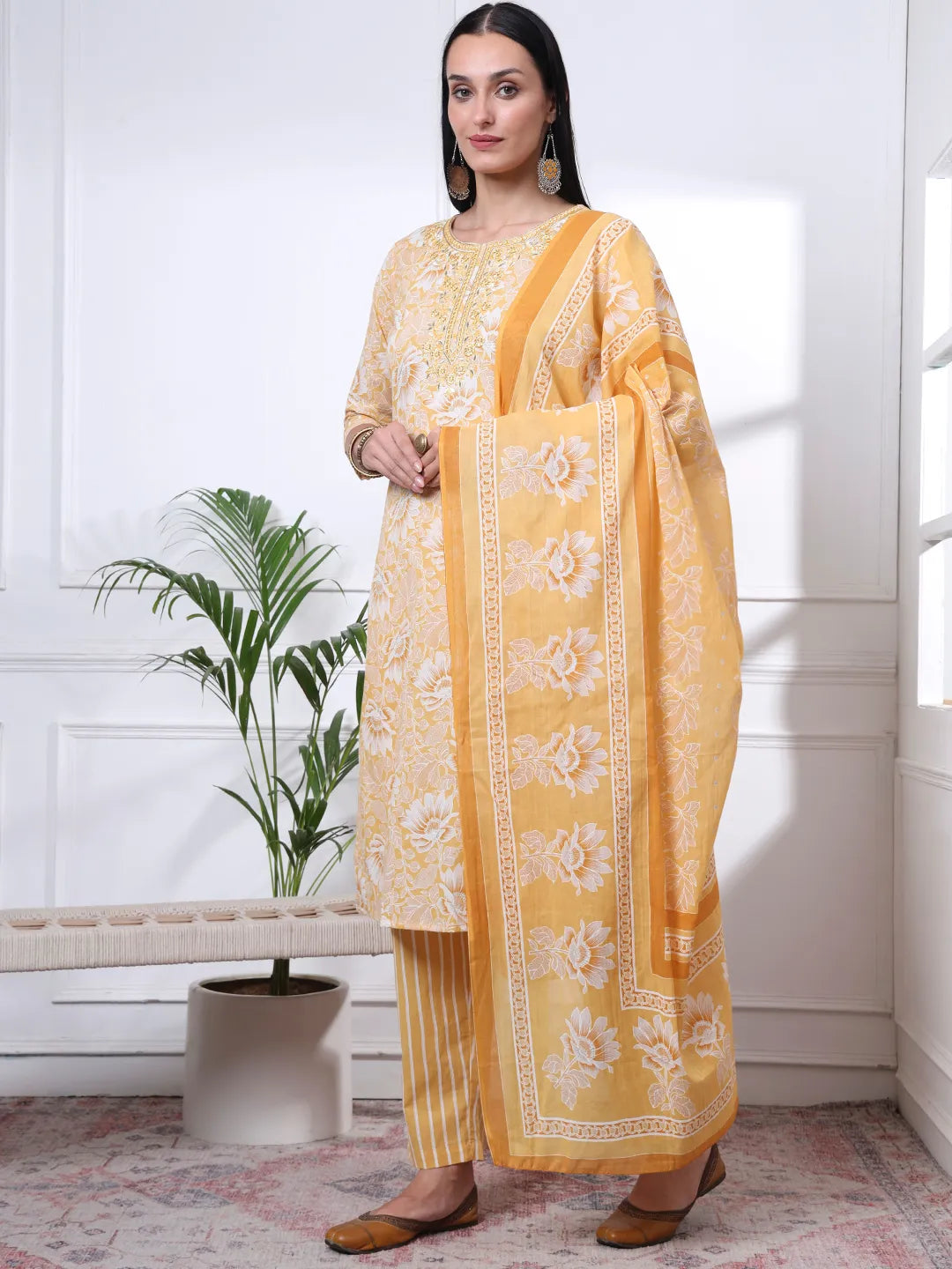 Yellow Floral Print Thread Work Straight Kurta Trouser Dupatta Set