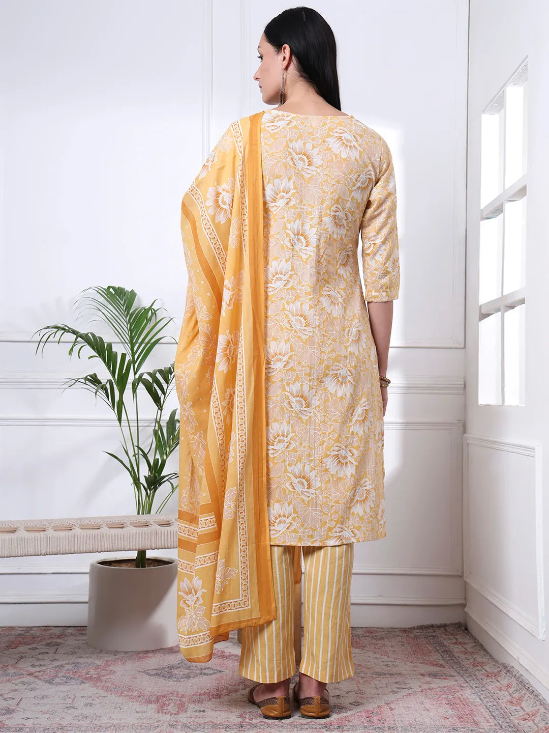 Yellow Floral Print Thread Work Straight Kurta Trouser Dupatta Set